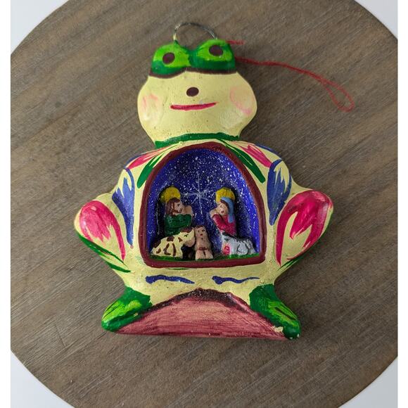 Frog Nativity Scene Christmas Ornament Handmade Folk Art Mexican Pottery OOAK - Picture 1 of 4